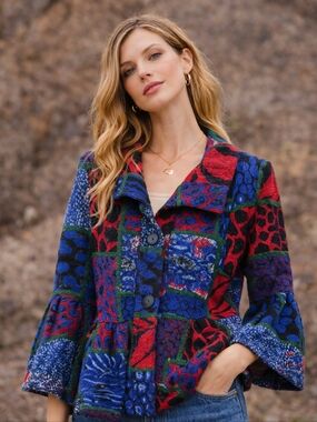 Damee Inc Patchwork Jacket Size Small Bell Sleeve Cropped Flare Anthro-Style